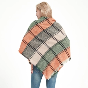 Plaid oversized scarf with tassels in orange green and beige for autumn and winter