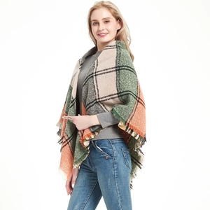 Women's plaid tassel shawl scarf in soft beige and green, oversized warm winter wrap
