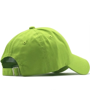 Neon green cotton baseball cap with adjustable silver metal buckle and classic 6-panel design