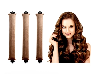 Three brown 3cm heatless hair curlers with hooks shown alongside model's wavy hair results