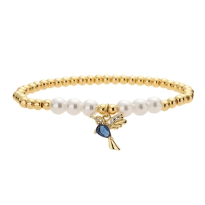 Detail of beaded hummingbird bracelet with gold beads, pearls and blue zircon stones