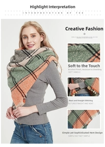 Close-up of thick winter scarf featuring brushed plaid texture and fringe details