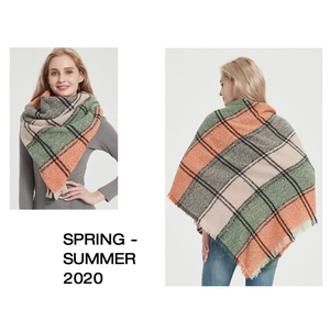 Detailed views of checkered scarf with fringe in orange, green, and beige tones
