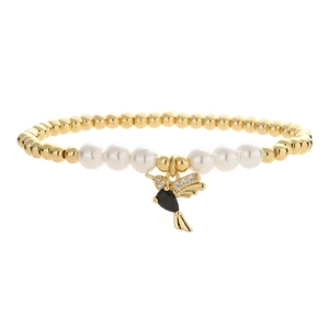 Golden beaded bracelet with pearls and a crystal hummingbird pendant on white background