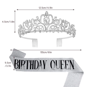 Detailed dimensions of silver Birthday Queen sash and rhinestone crown tiara set
