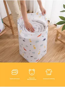 Detail of cylindrical PEVA storage bag with cartoon print for bedding and toys