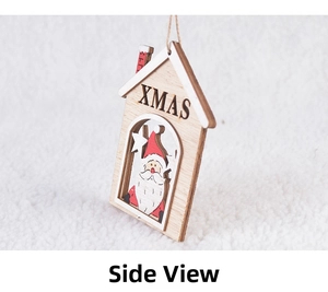 Detail view of wooden Xmas house ornament with layered wood design and Santa motif