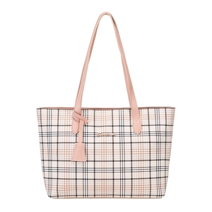 Pink and white plaid tote bag with faux leather straps and a minimalist gold logo detail