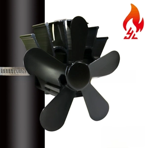 Macro detail of a 4-blade heat powered stove fan with black coating and steel pipe clamp