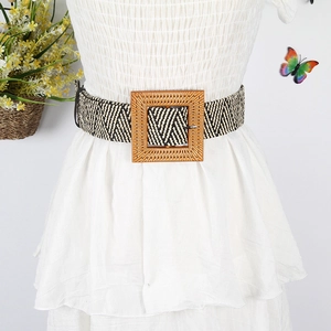 Detail showing woman wearing black and white woven belt with square straw buckle on dress