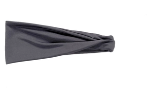 Detail view of dark grey wide sports headband with elastic fabric and twist design