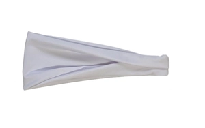 Detail of soft white breathable fitness headband folded on a plain white background