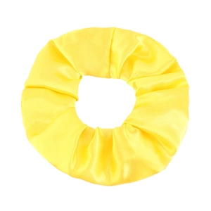 Detailed close-up of glossy yellow satin scrunchie fabric texture and pleated design
