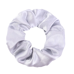Elegant lilac satin oversized scrunchie hair tie with silk texture and pearlescent finish