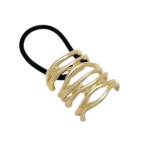 Minimalist golden hollow wave alloy hair tie with black elastic band for women