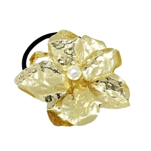 French vintage floral hair tie with gold hammered petal and pearl centerpiece
