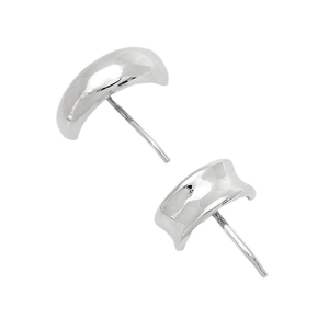 Minimalist silver curved arc stud earrings with smooth metallic finish on white background