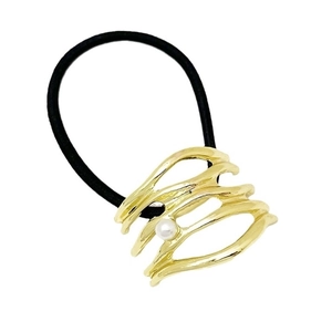 U-shaped high elasticity ponytail clip with golden alloy wavy metal and pearl bead