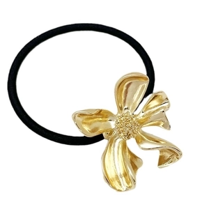 Elegant gold alloy leaf flower hair tie with durable black high-elastic ponytail band
