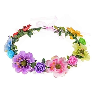 Floral wreath headpiece with multicolor artificial roses and adjustable pink ribbon
