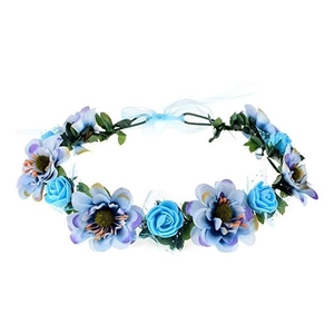 Adjustable floral crown with blue roses, purple daisies and ribbons for weddings