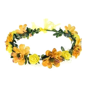 Close-up of bohemian floral crown with yellow roses and adjustable ribbons on white back