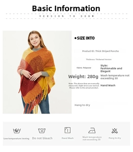 Detailed specs of thickened polyester pullover poncho with horizontal coarse fringes