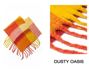 Detail view of woven check shawl fabric texture with dusty oasis tassels and warm tones