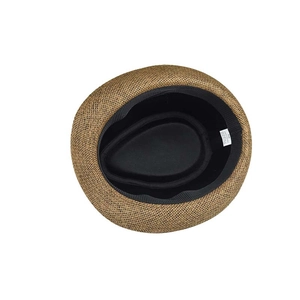 Detailed view of linen fedora interior with sweatband and size label for sun hat