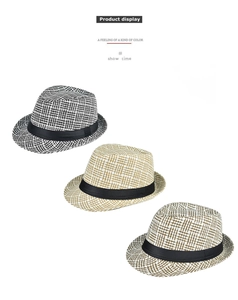 Detailed texture of woven linen fedora hats with satin ribbon in three color tones