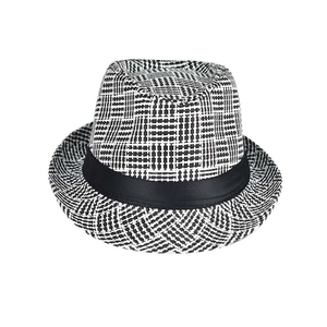 Detail showing black and white checkered linen fedora with classic black satin ribbon band