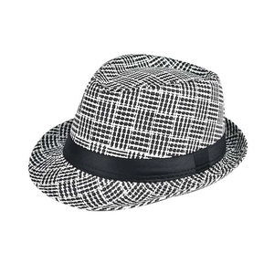 Close-up of the intricate black and white woven pattern and black ribbon on the fedora