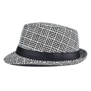 Close-up of black and white checkered linen fedora with elegant black ribbon band detail
