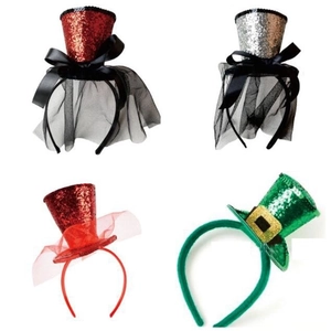 Set of four festive sequin top hat headbands with lace veils for parties and carnivals