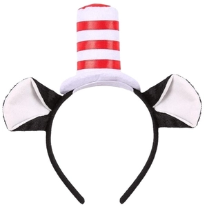 Halloween cat ear headband with red and white striped mini top hat and feathers