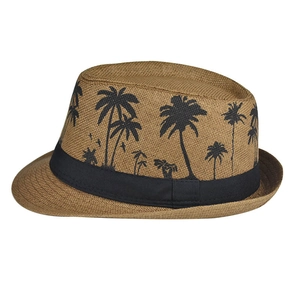 Close-up of tropical coconut tree print and breathable weave on the linen fedora hat