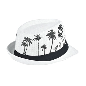 Detail of white linen sun hat showing black palm tree print and woven texture