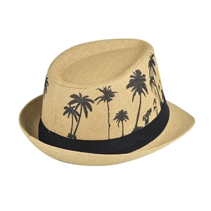 Close-up of linen straw fedora showing detailed coconut tree prints and black ribbon band