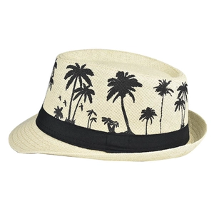 Linen fedora sun hat with black palm tree print and ribbon trim for summer outdoor beach