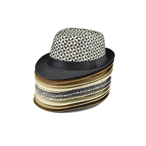 Men's stackable linen straw fedora hats with geometric patterns and black ribbons