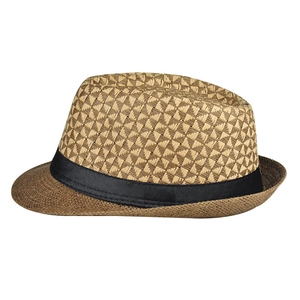 Detailed view of the dual-tone geometric weave and black satin ribbon on the linen fedora