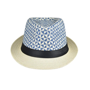 Close-up of the blue and white geometric woven pattern and black band on the linen fedora
