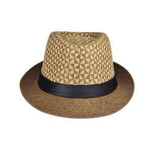 Close-up of the two-tone woven texture and black ribbon on a summer straw fedora hat