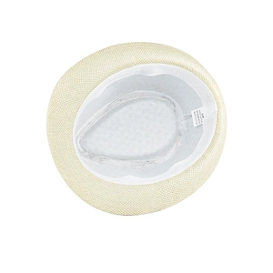 Detailed interior of linen fedora hat with white sweatband and 100% paper fiber tag
