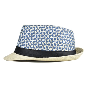 Detail of blue and white geometric woven pattern on summer fedora straw hat