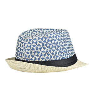 Close-up of linen fedora featuring blue geometric pattern weave and black ribbon band