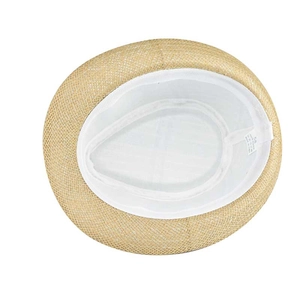 Detail view of woven straw hat interior featuring white fabric lining and size 58 label