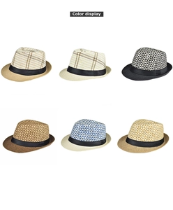 Color display of six men's linen fedora hats with geometric woven patterns and black ribbons