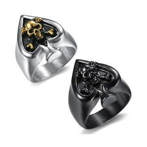 Punk style stainless steel poker spade skull rings in silver gold and matte black finish