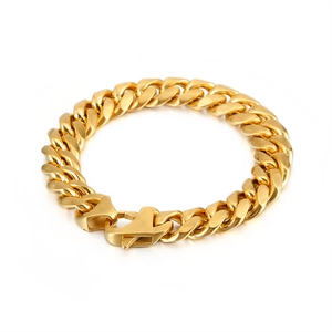 Thick gold-plated stainless steel Cuban link bracelet for men with a secure clasp